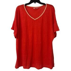 Chico’s 100% Linen Red Relaxed Fit Short Sleeve Shirt Summer Beachy Size 3 XL